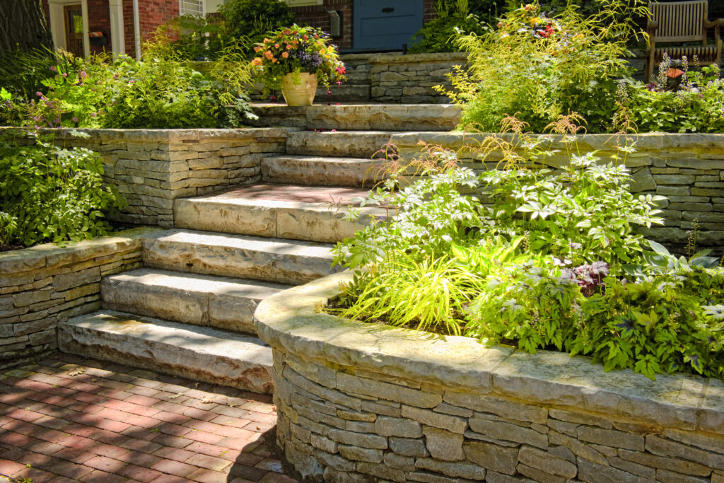 Natural,Stone,Landscaping,In,Home,Garden,With,Stairs