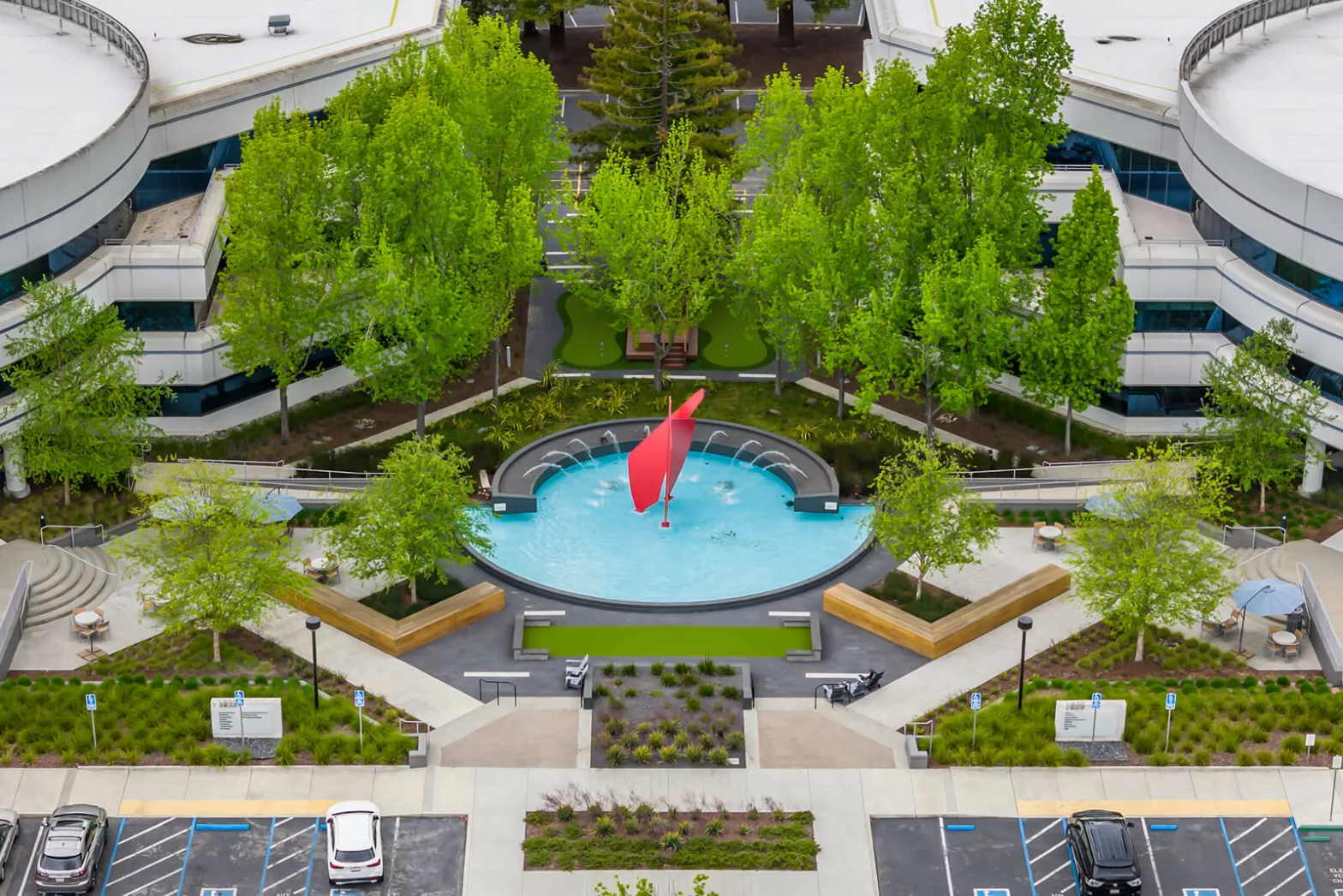 After San Mateo Commercial Landscape Design: Built with Pavers, Putting Green, and Seating Wall in San Mateo, CA 94404