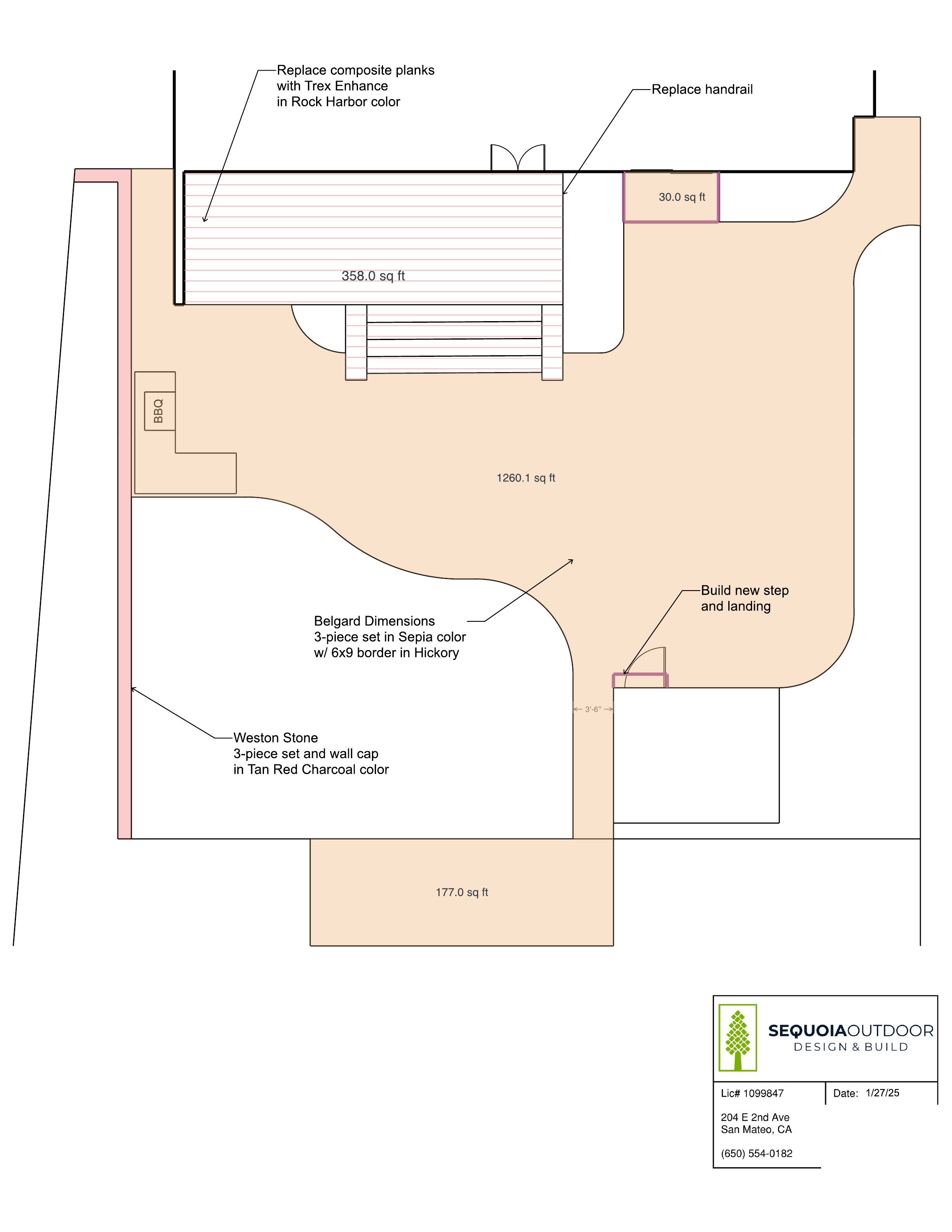 Outdoor living project in Highlands, Belmont — design plan diagram. Sequoia Outdoor.