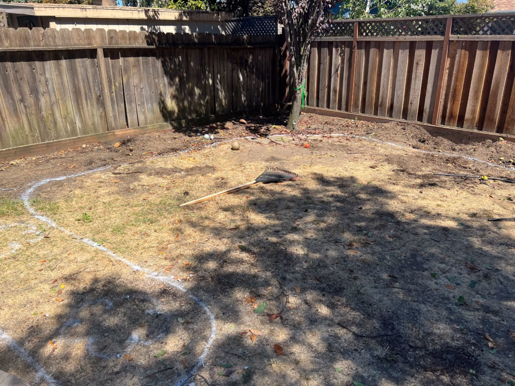 Before — Patchy lawn and bare soil with a chalk outline marking the curved layout of the new patio, before construction, in San Carlos, CA