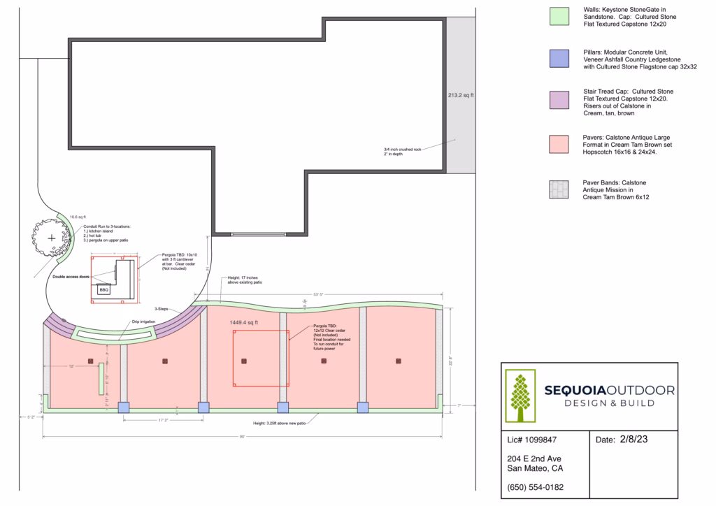 Material plan for the Sugarloaf, San Mateo hillside terrace: retaining walls, paver patio, outdoor kitchen and drainage
