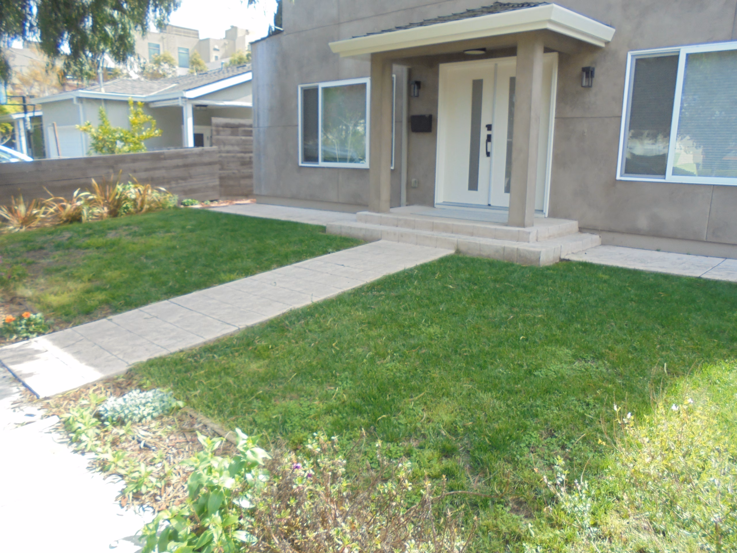 A paver walkway leading through a lawn to the front door of a gray modern house in Mountain View