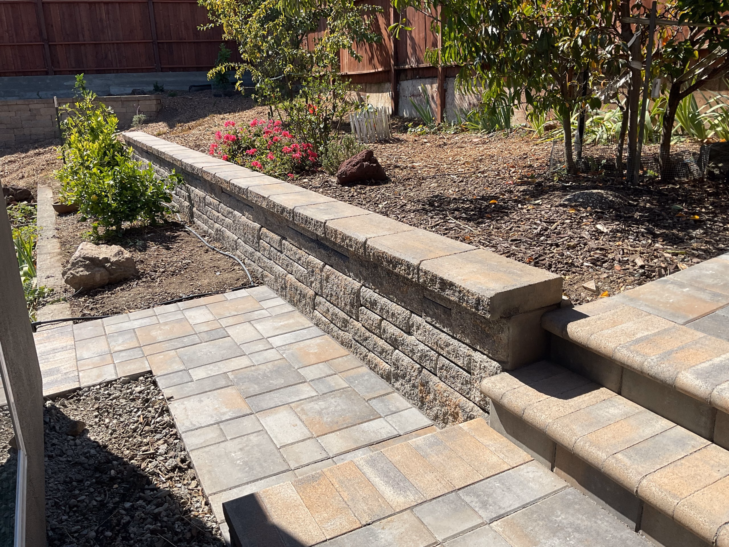 Paver steps beside a split-face block retaining wall with planting above, in San Bruno, CA