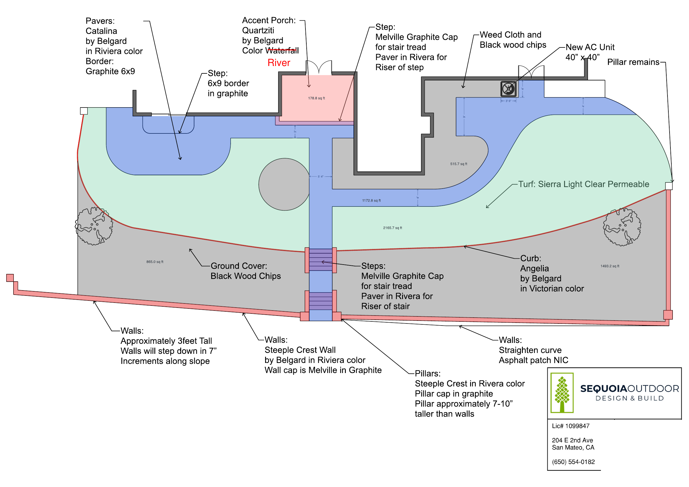 Outdoor living project in Hillsborough — design plan diagram. Sequoia Outdoor.