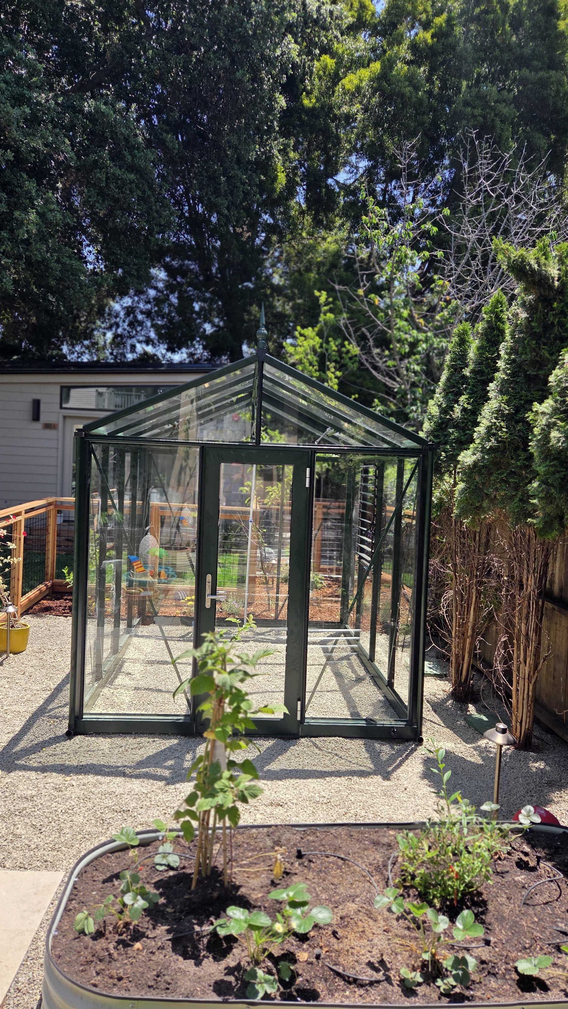 Glass greenhouse on a gravel pad beside a raised planter bed and a wood-and-wire garden fence.