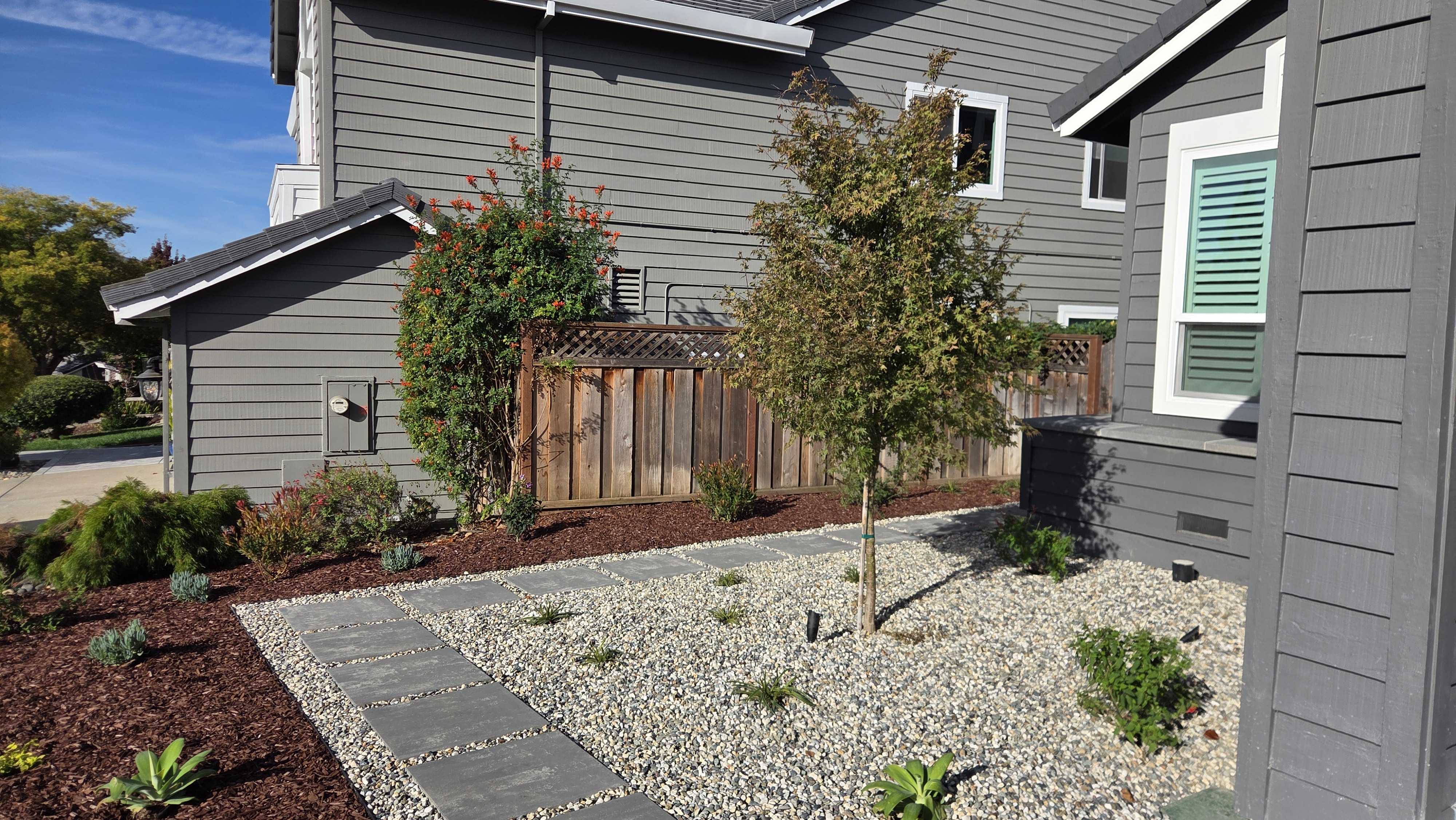Gravel side yard with a single-file large-format paver path, red-bark beds, and a screening fence between the homes.