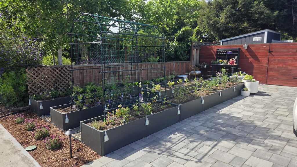 Finished backyard paver patio with large rectangular raised planters and a metal trellis arch. Clean gray interlocking...