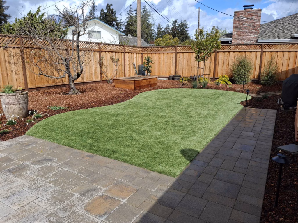 Artificial Turf, Paver Patio and Raised Bed in Santa Clara