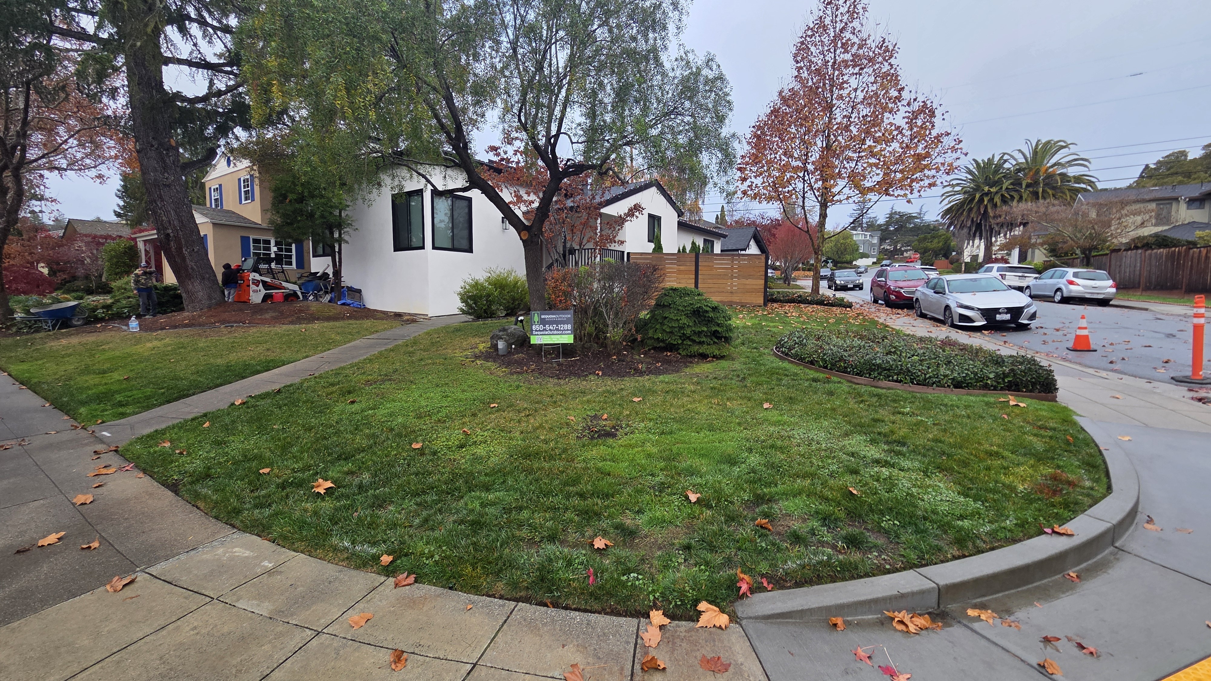 True pre-work front-yard view with old natural lawn and existing shrubs before the turf, rock, and paver refresh.