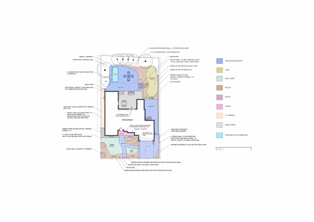Material plan for the terraced San Mateo backyard: curved retaining walls, paver patio, turf lawn and play area