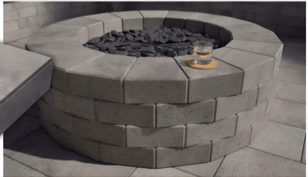 After — the rebuilt charcoal-gray fire pit with lava rock and gas burner on the same terrace in Atherton, CA