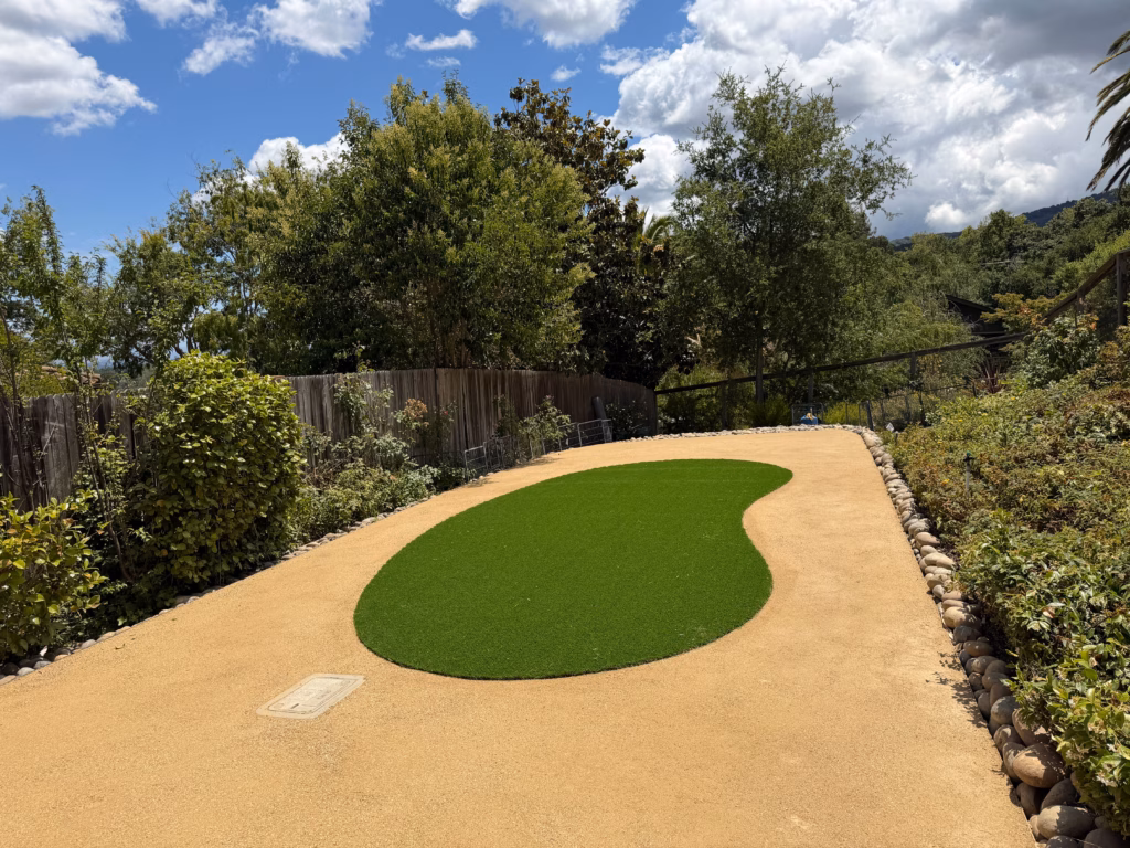 Kidney-shaped pet turf set in decomposed granite with the hills beyond