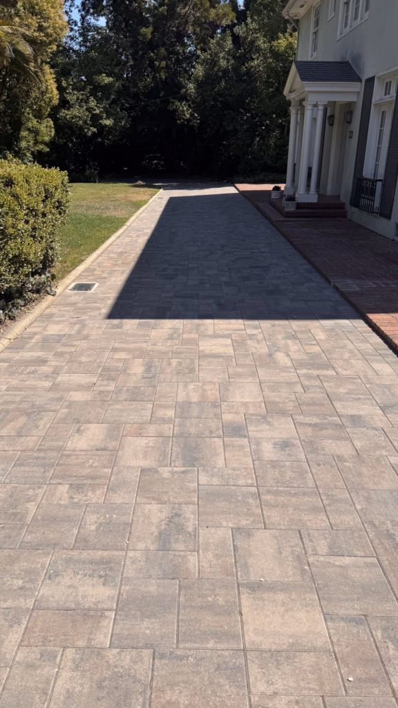After — paver driveway beside the brick walkway with a catch basin near the hedge